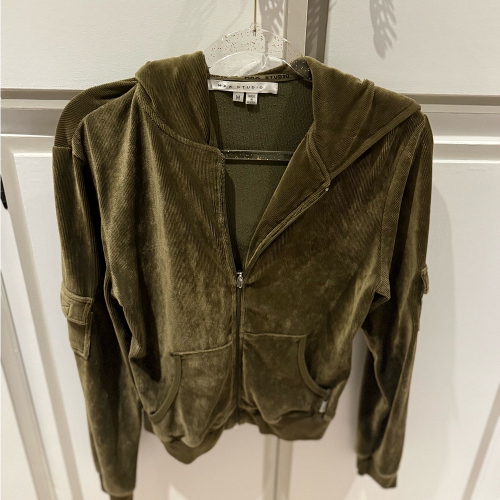 Max Studio Olive Green Velour Hooded Bomber Jacket